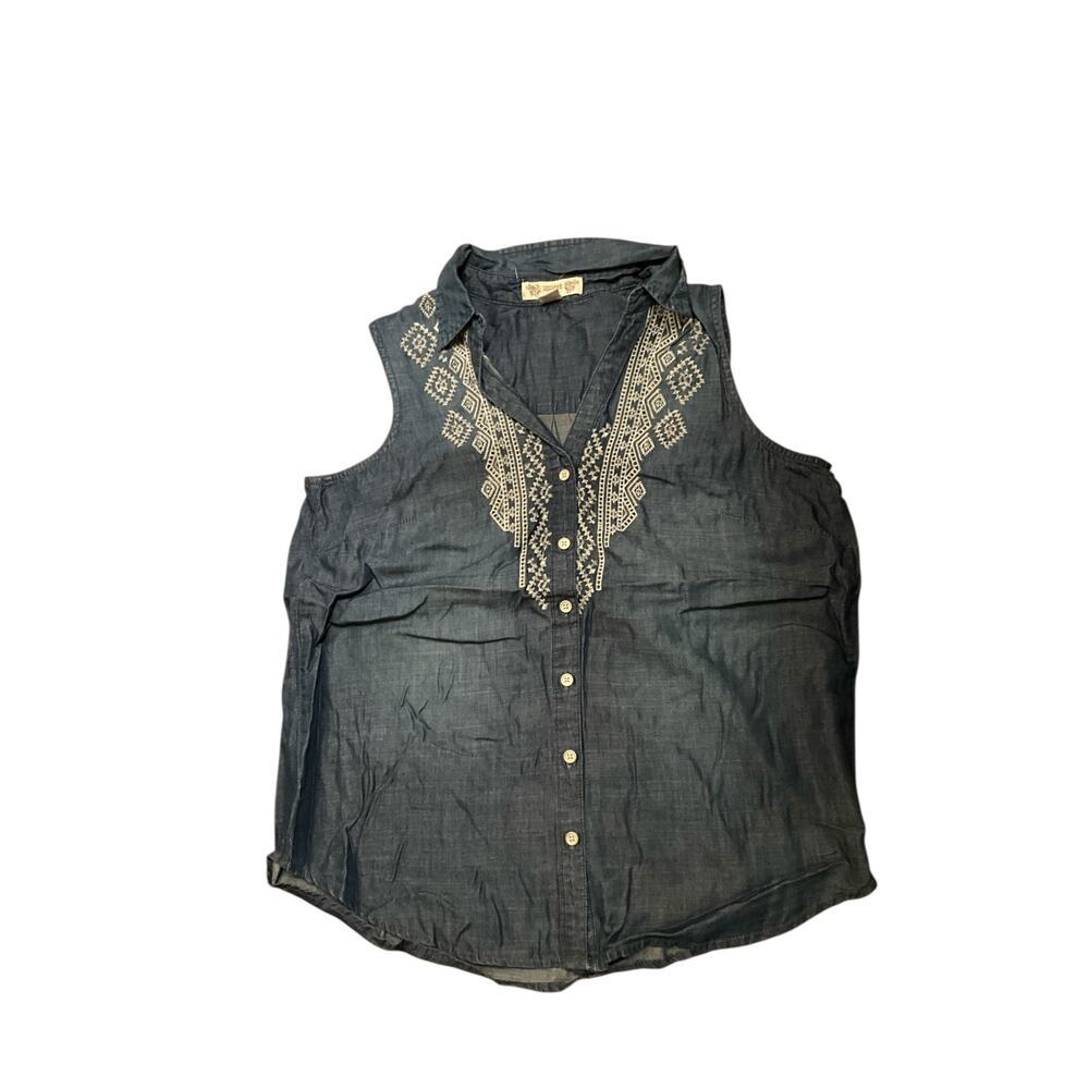 Vintage America Sleeveless Top Button-Up Embroidered‎ Chambray Blue Size M NWT - Picture 4 of 5
